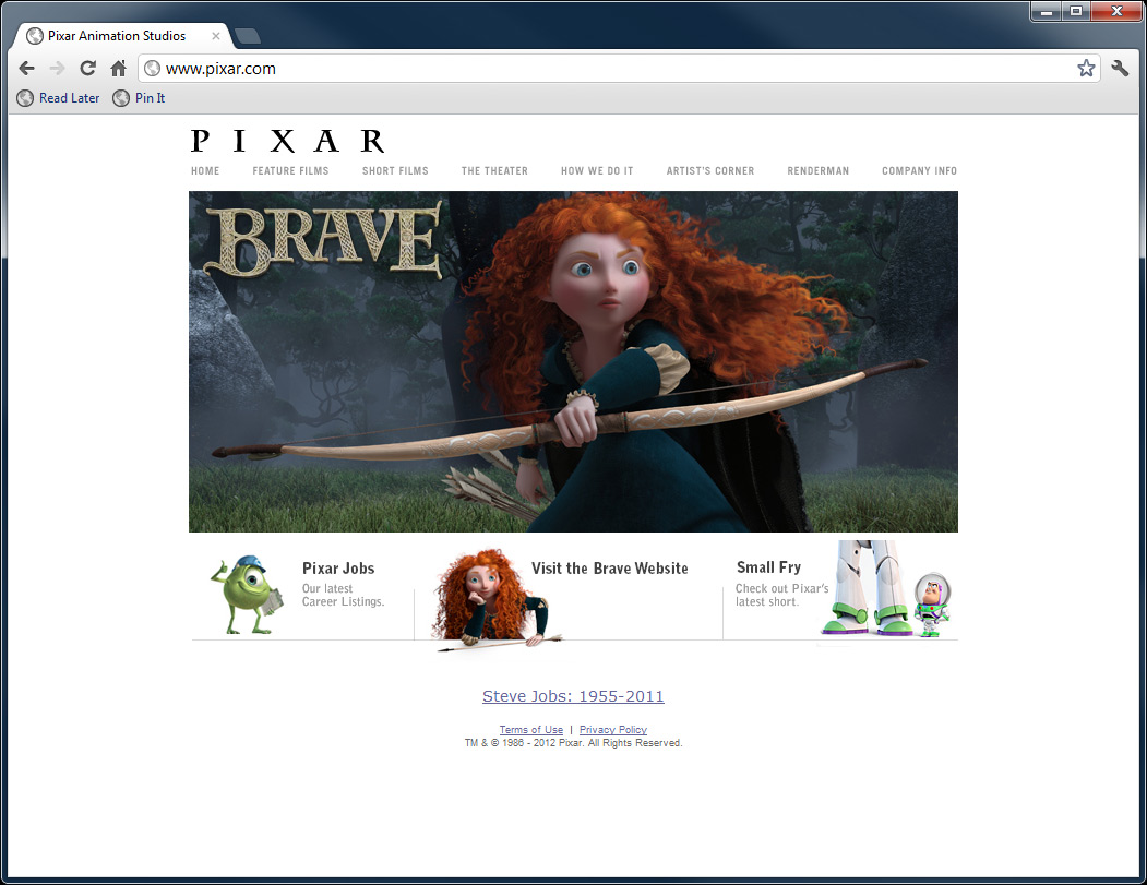 Pixar's website in 2012