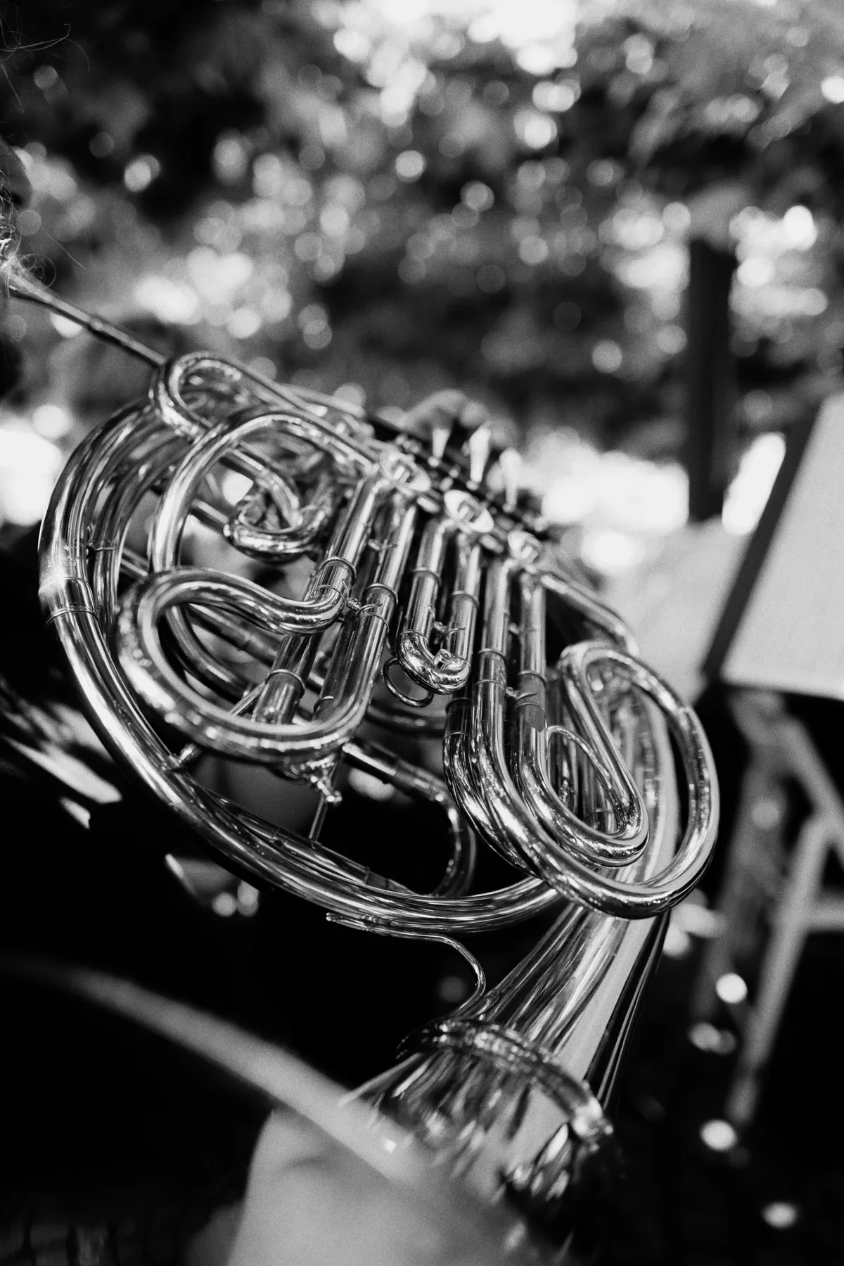A close-up of a musician playing a French horn outdoors.
