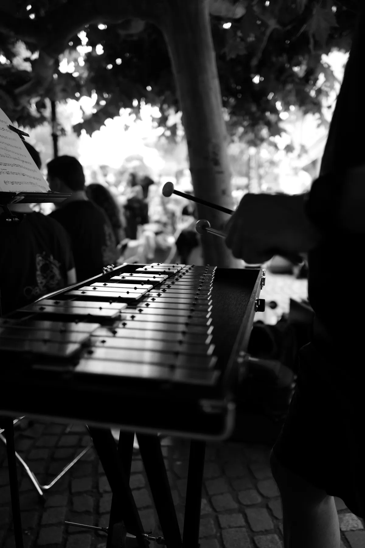 A percussionist playing a glockenspiel outdoors.